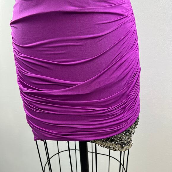 BOUBOU Purple Cotton Blend One Shoulder Embellished Ruched Mini Cocktail Dress S - Picture 3 of 7